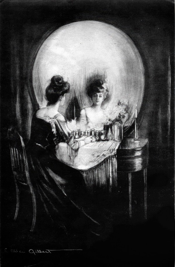 Black and white painting of a woman gazing into a boudoir mirror which creates the illusion of a skull.