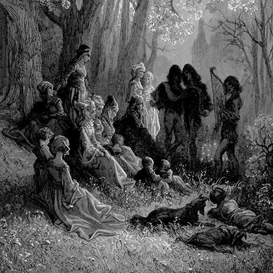 A black-and-white painting by Gustave Doré showing three troubadours singing and playing the harp for a group of people in the forest.