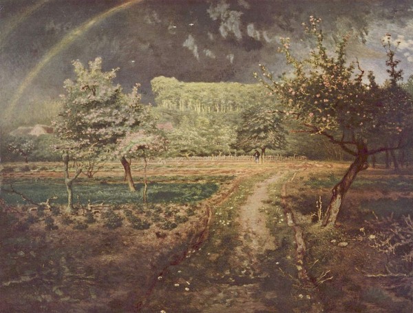 Painting of fields and trees in spring with a rainbow across the sky and a man standing under one of the trees.