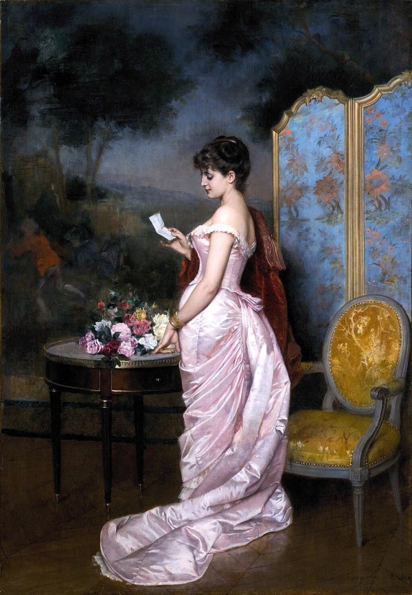 Painting of a lady in a pink dress reading a letter.