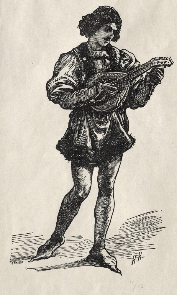 Wood engraving of a troubadour playing the lute.