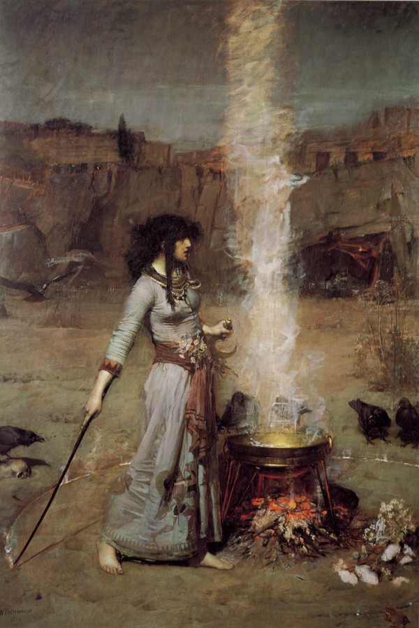 Painting of a witch drawing a magic circle around her cauldron while a number of crows watch.