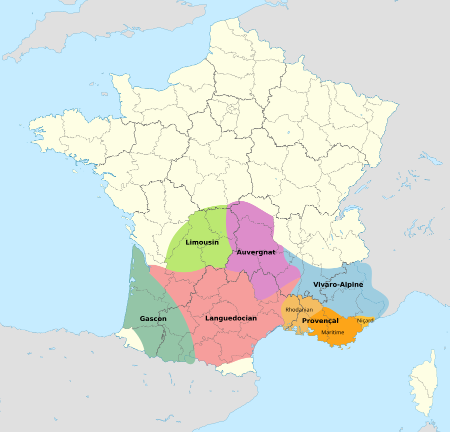 Map of France showing the approximate geographical distribution of the six main dialects of Occitan, including the three major subdialects of Provençal.